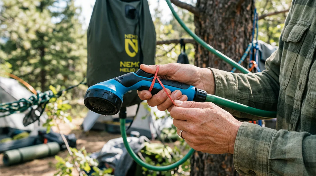 Démonstration d'une astuce pour maintenir le bouton poussoir d'une douche de camping enfoncé