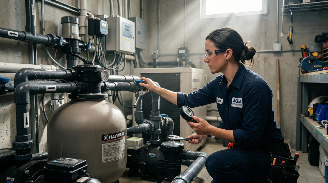 Illustration d'un technicien inspectant l'équipement de filtration de la piscine
