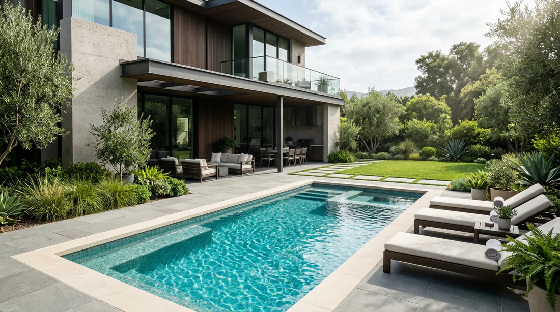Illustration d'un aménagement paysager autour d'une petite piscine de maison contemporaine