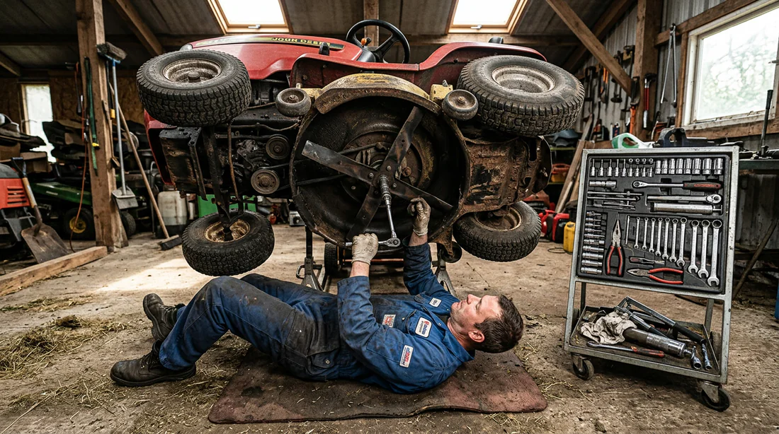 Vue détaillée de l'intervention mécanique sous un tracteur tondeuse MTD