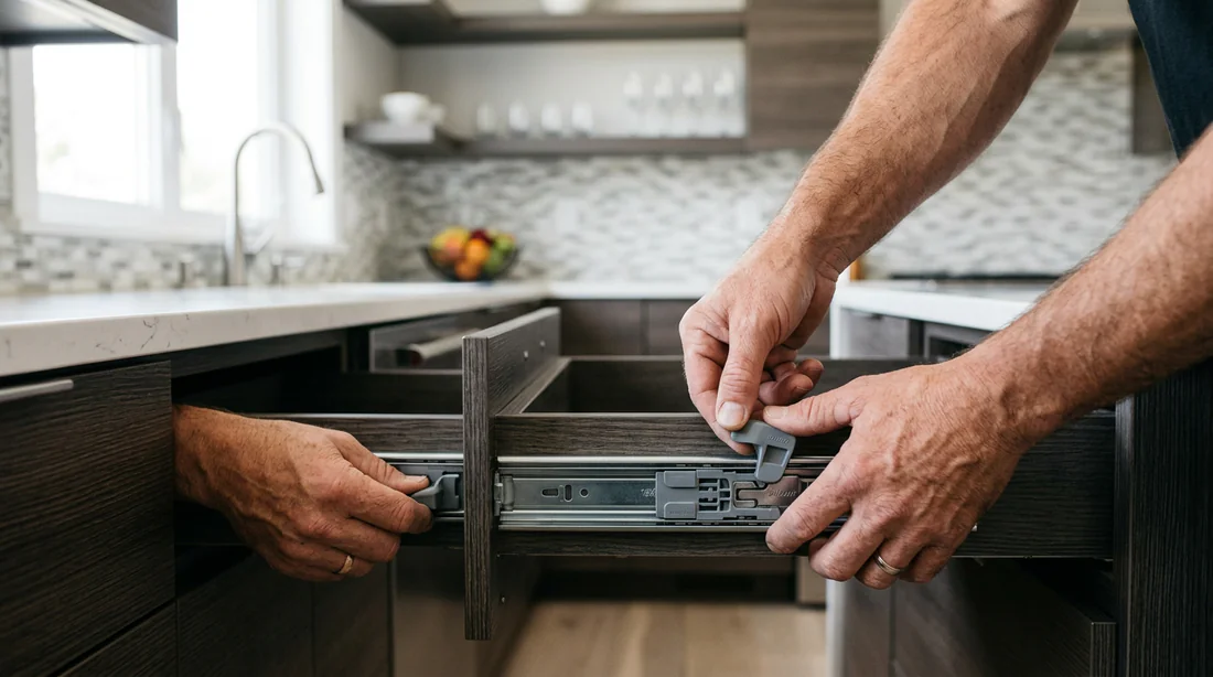 Démonstration des mains manipulant les clips de déverrouillage d'un tiroir