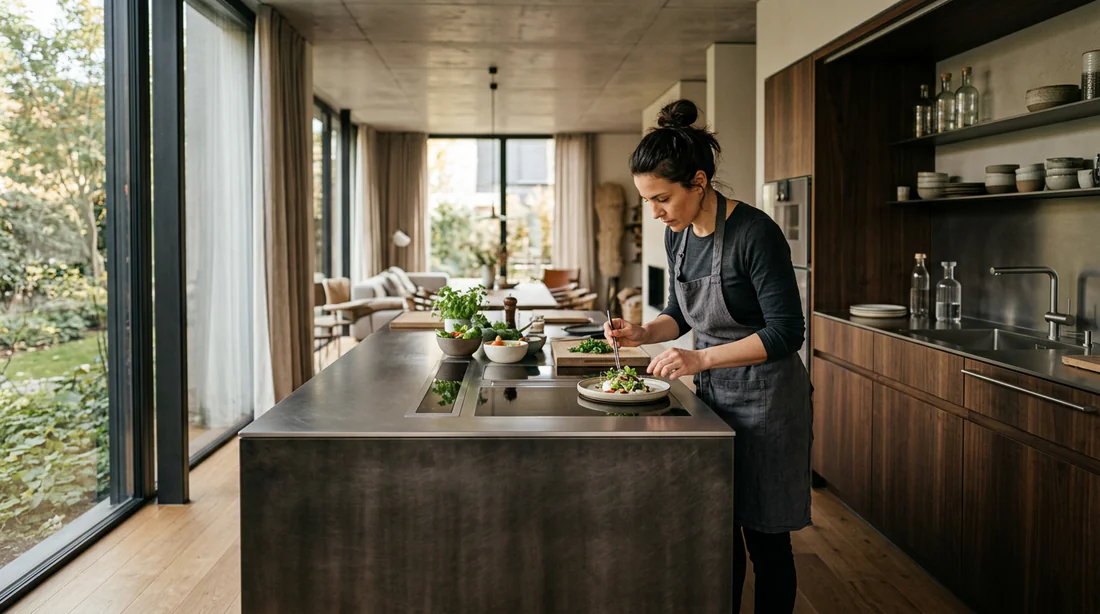 Mise en situation d'un espace de vie avec îlot central dans une cuisine Bulthaup