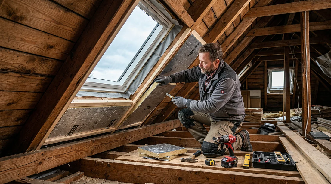 Artisan en train de travailler sur la structure et l'isolation autour d'un Velux