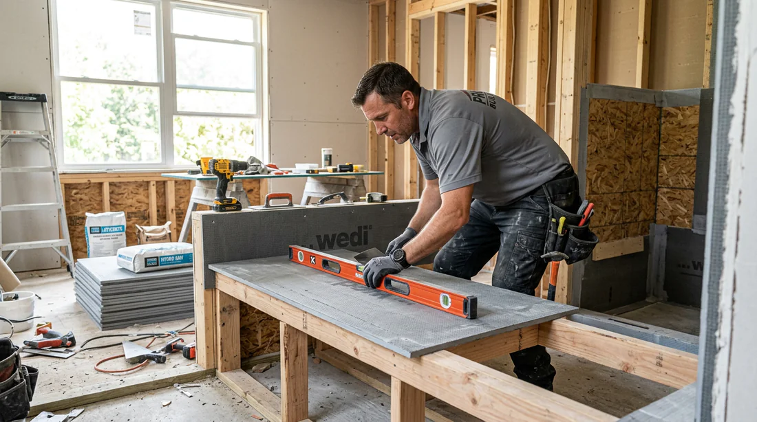 Artisan en train d'installer une paillasse de douche sur mesure
