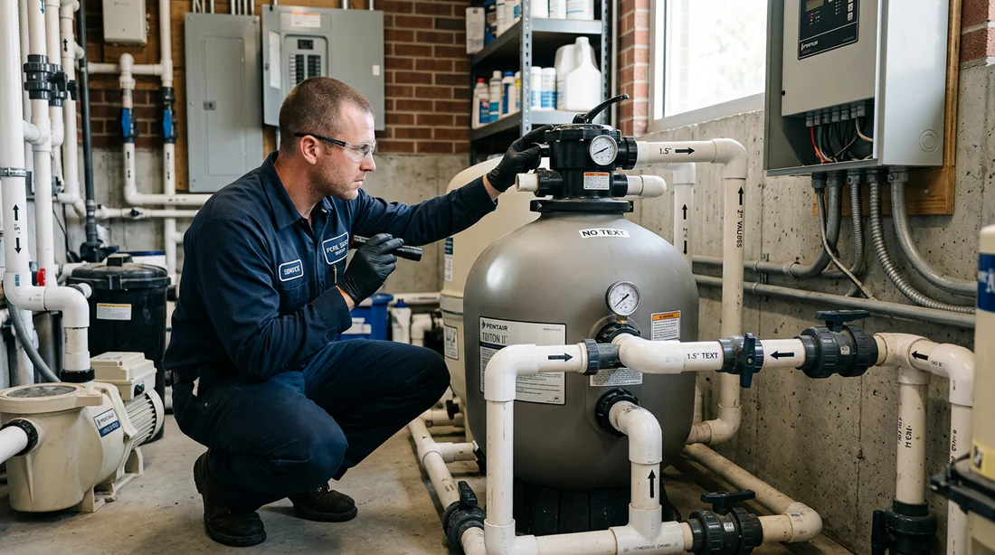 Technicien inspectant un système de filtration à sable résidentiel