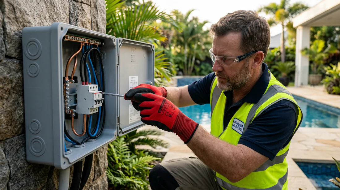 Électricien installant le disjoncteur 32A pour la pompe de la piscine