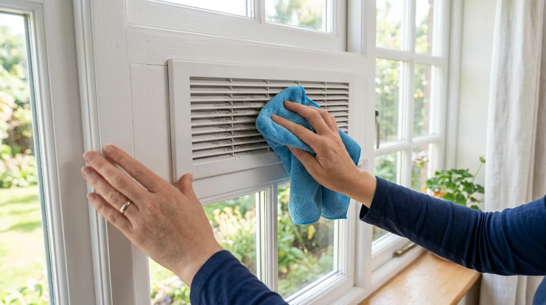 Entretien et dépoussiérage d'une grille d'aération de fenêtre