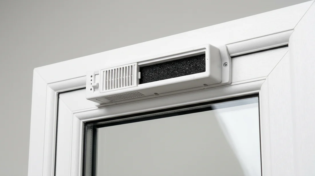 Zoom sur une grille d'aération hygroréglable et acoustique pour menuiserie