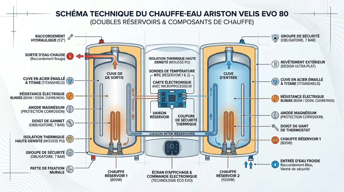 Schéma technique du système double cuve du chauffe-eau Ariston Velis Evo 80