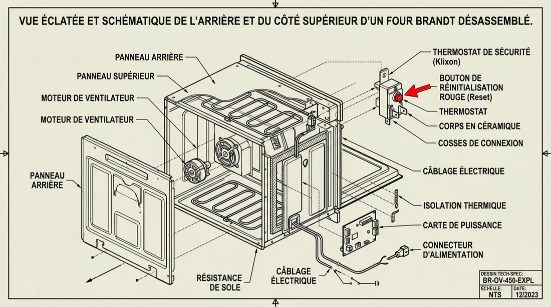 Schéma technique montrant l'emplacement du thermostat de sécurité Klixon à réarmer sur un four Brandt.