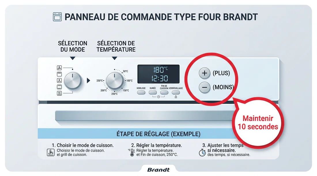 Schéma explicatif montrant comment maintenir les touches + et - du four Brandt pendant 10 secondes.