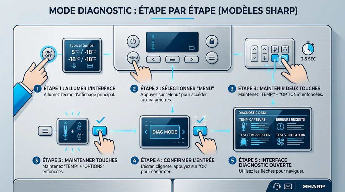 Infographie synthétique expliquant le tableau de diagnostic des codes erreurs Sharp