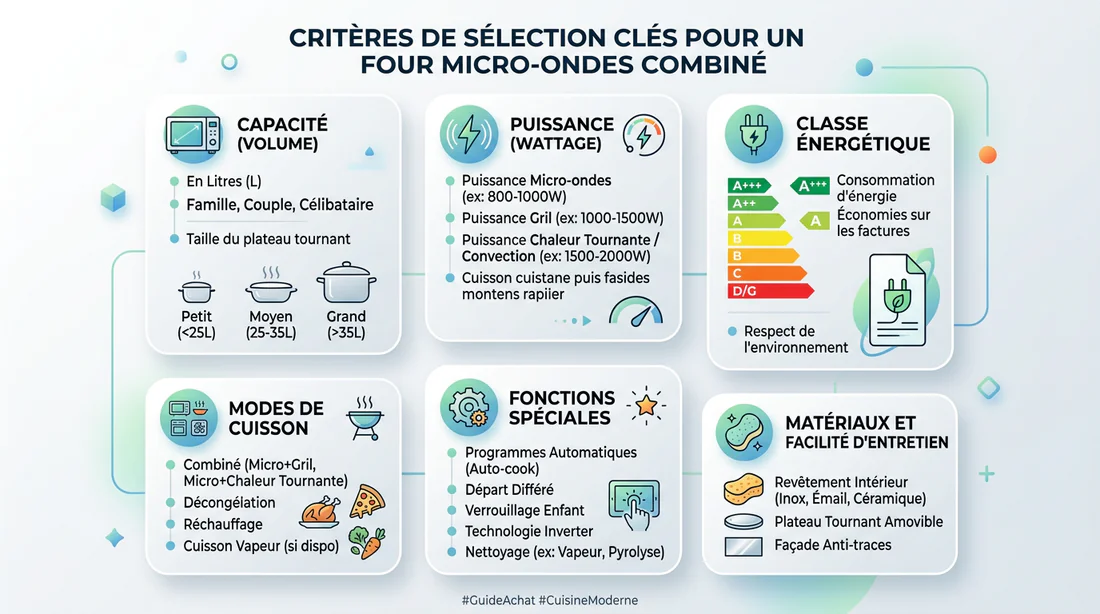 Infographie récapitulative des critères d'achat pour un four micro-ondes 2 en 1