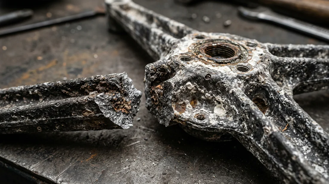 Photo d'un croisillon de tambour en aluminium rongé par la corrosion et cassé