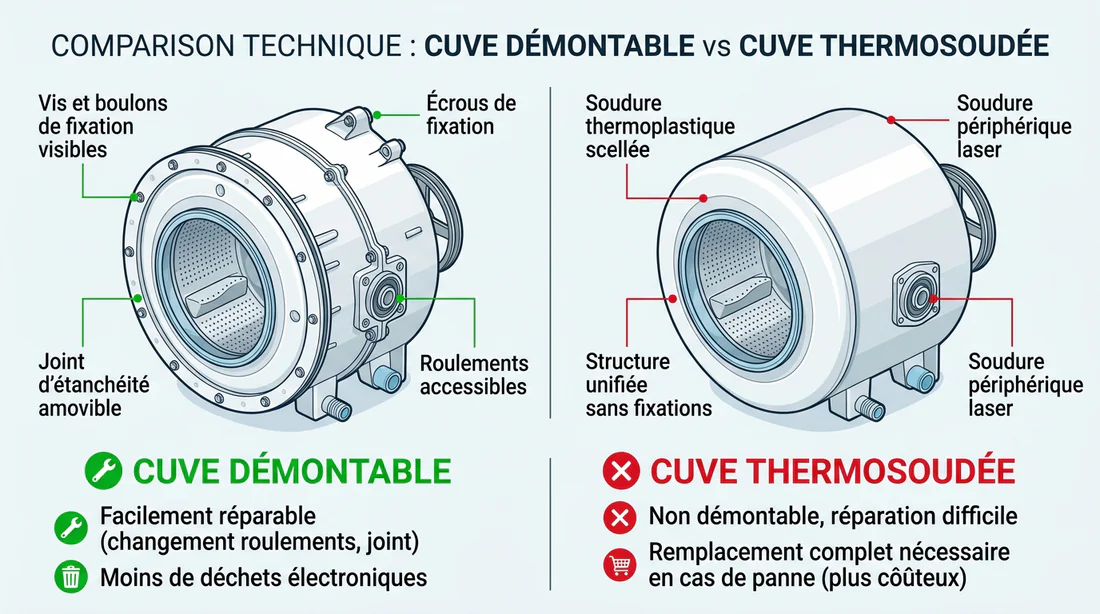 Schéma comparatif d'une cuve démontable avec vis et d'une cuve thermosoudée sans vis