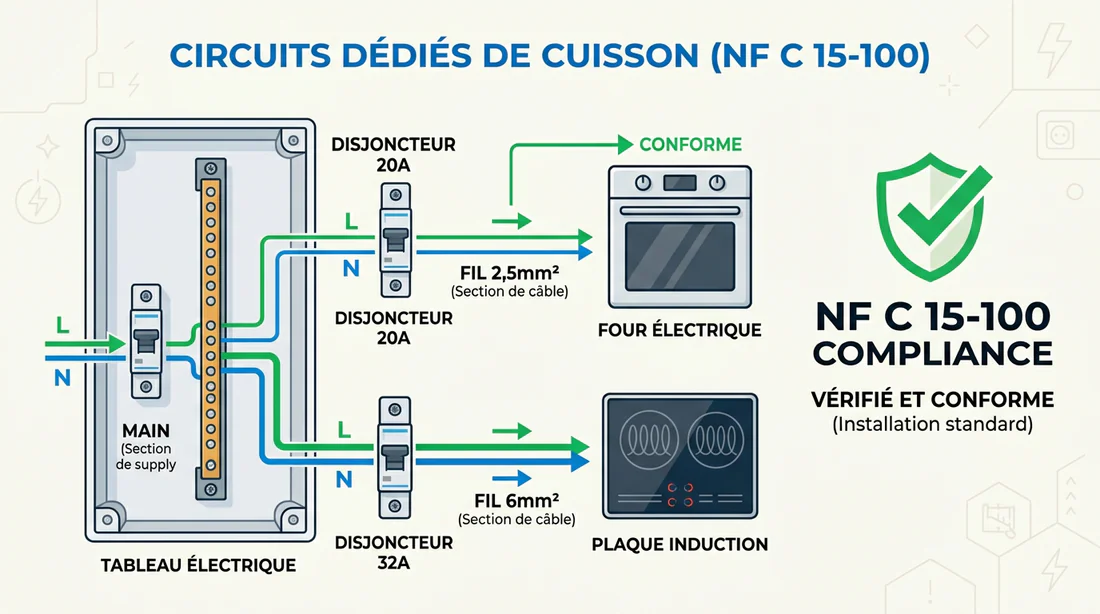 Infographie expliquant la norme NF C 15-100 pour le câblage du four et de la plaque