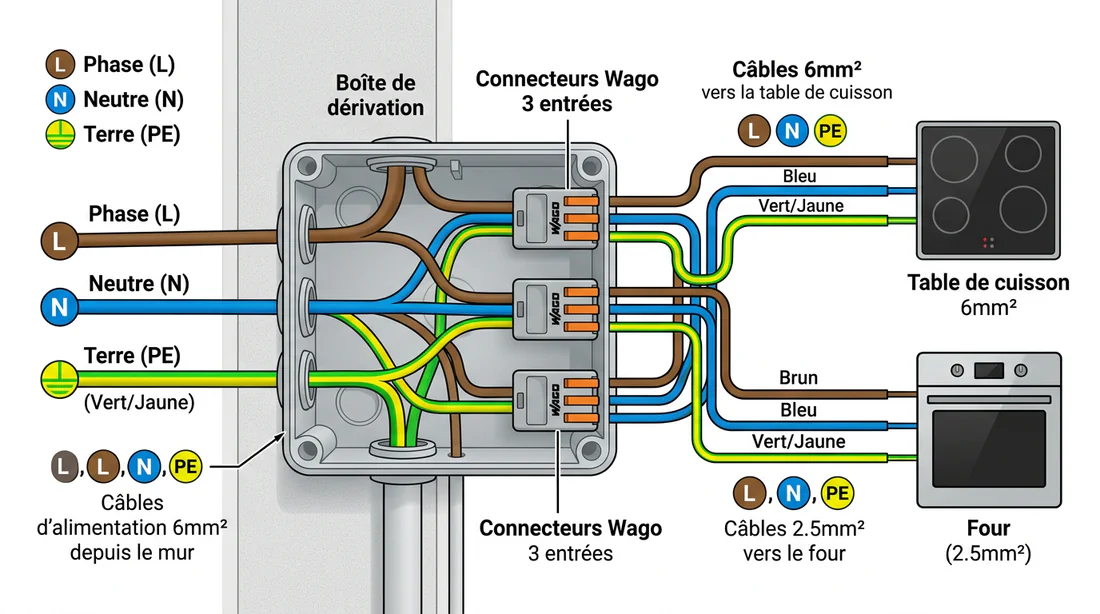 Schéma de raccordement d'une sortie 32A vers un four et une plaque via connecteurs Wago