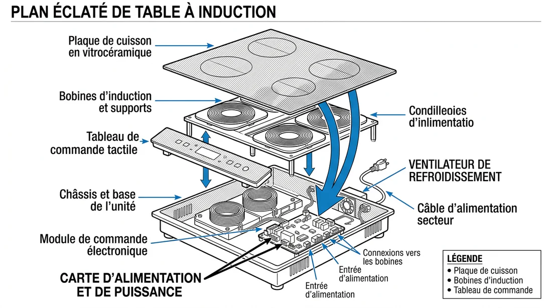 Schéma technique de la plaque à induction et emplacement de la carte de puissance