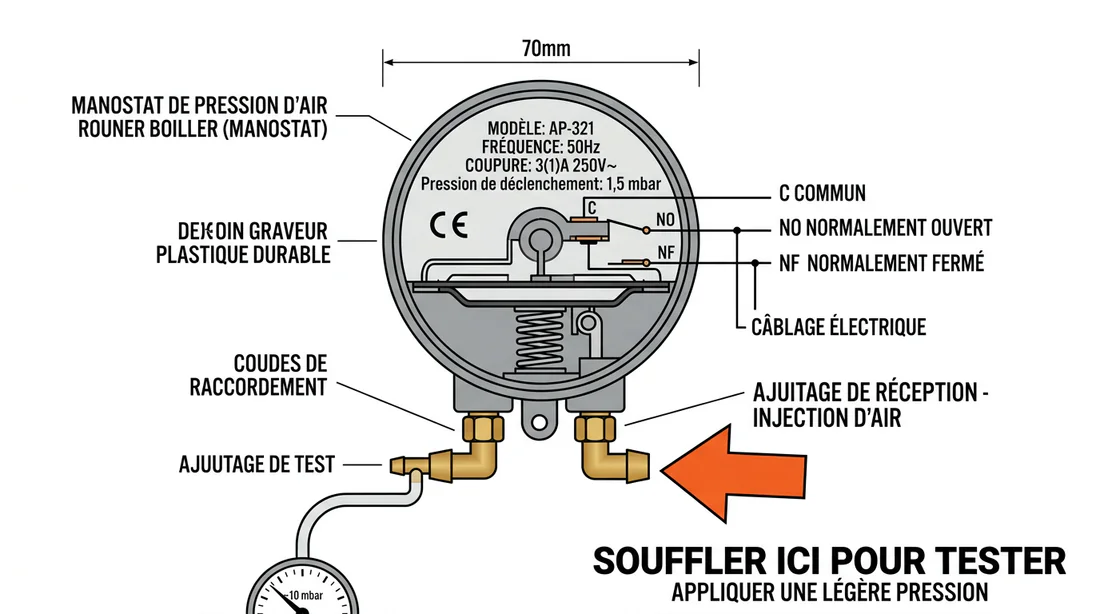 Schéma technique d'un manostat de chaudière avec indication pour le déboucher
