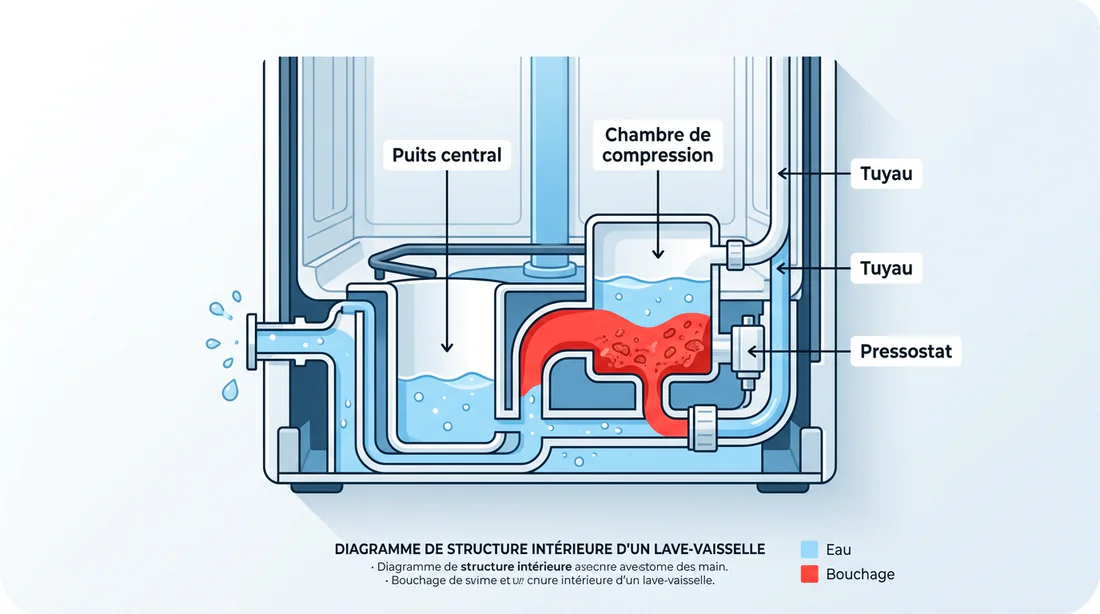 Schéma en coupe de la cuve d'un lave-vaisselle montrant la chambre de compression et le pressostat