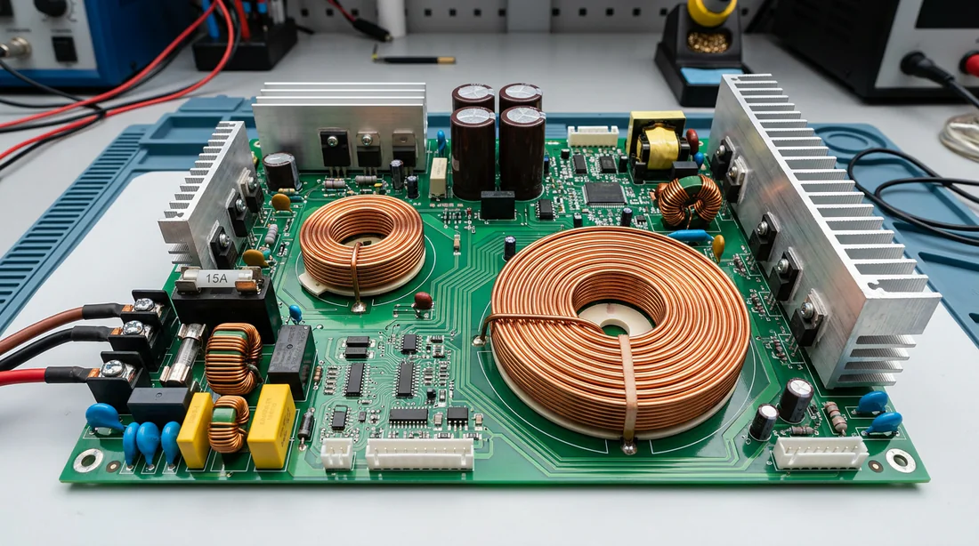 Carte de puissance PCB d'une plaque à induction Siemens avec bobines de cuivre et dissipateurs thermiques.