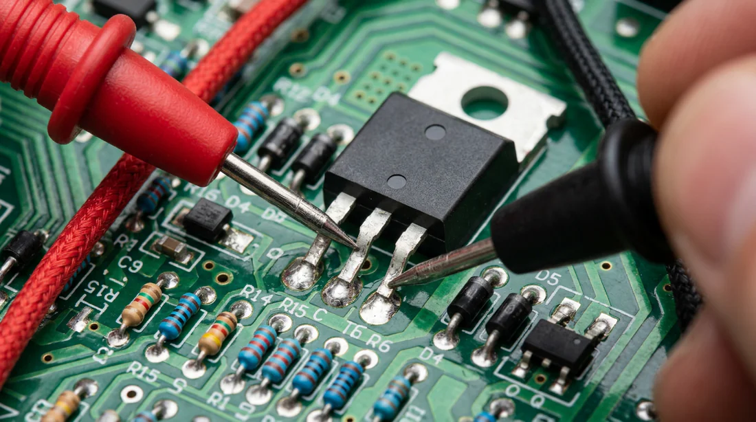 Test au multimètre des broches d'un transistor IGBT sur la carte électronique d'une plaque à induction.