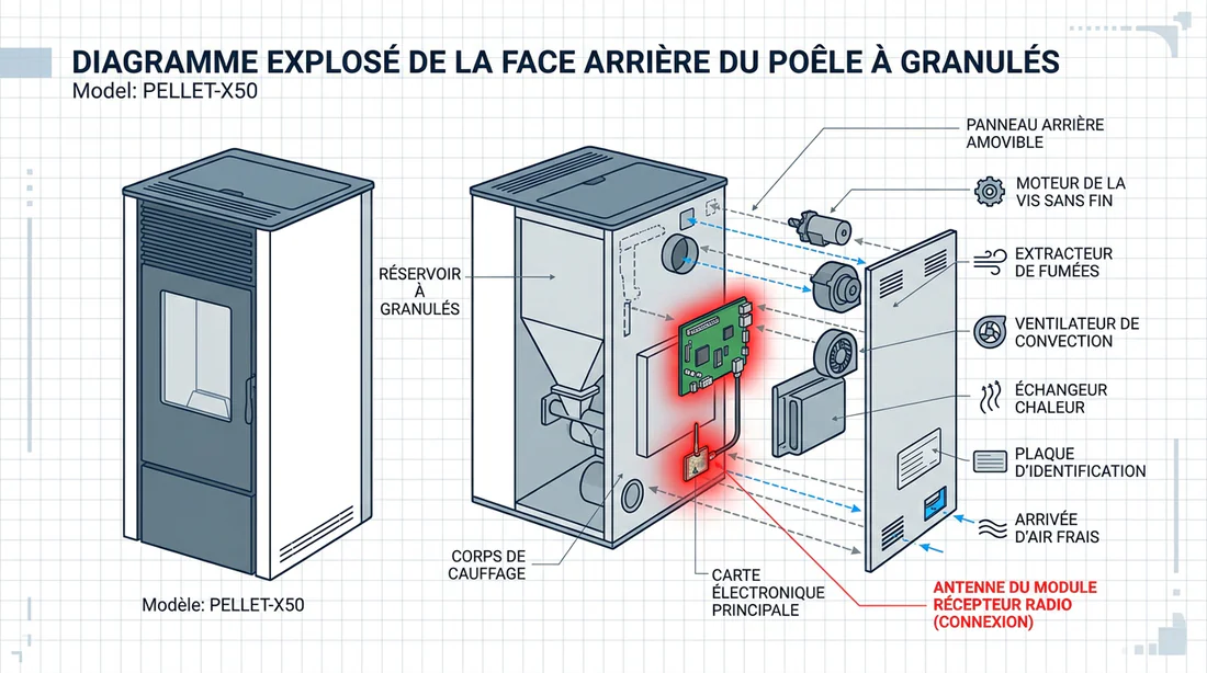Schéma technique montrant l'emplacement du module radio à l'arrière du poêle Edilkamin.