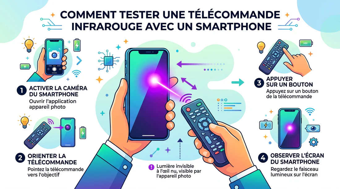 Schéma explicatif du test infrarouge d'une télécommande avec la caméra d'un smartphone.